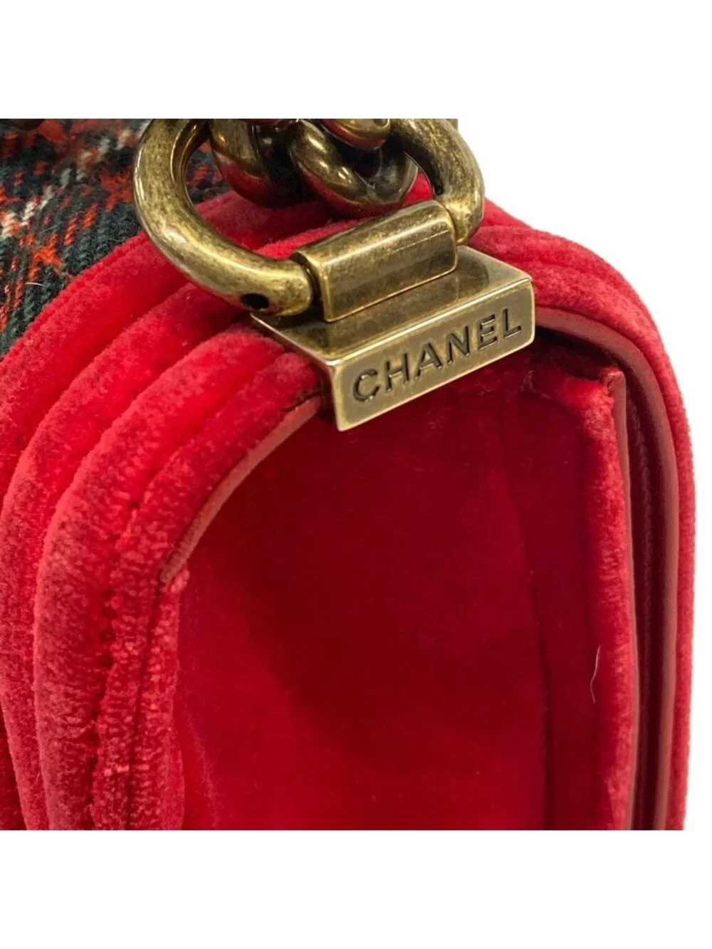 Chanel Shoulder Bag Boy Red Green Dark Navy Plaid Vintage Gold Chain